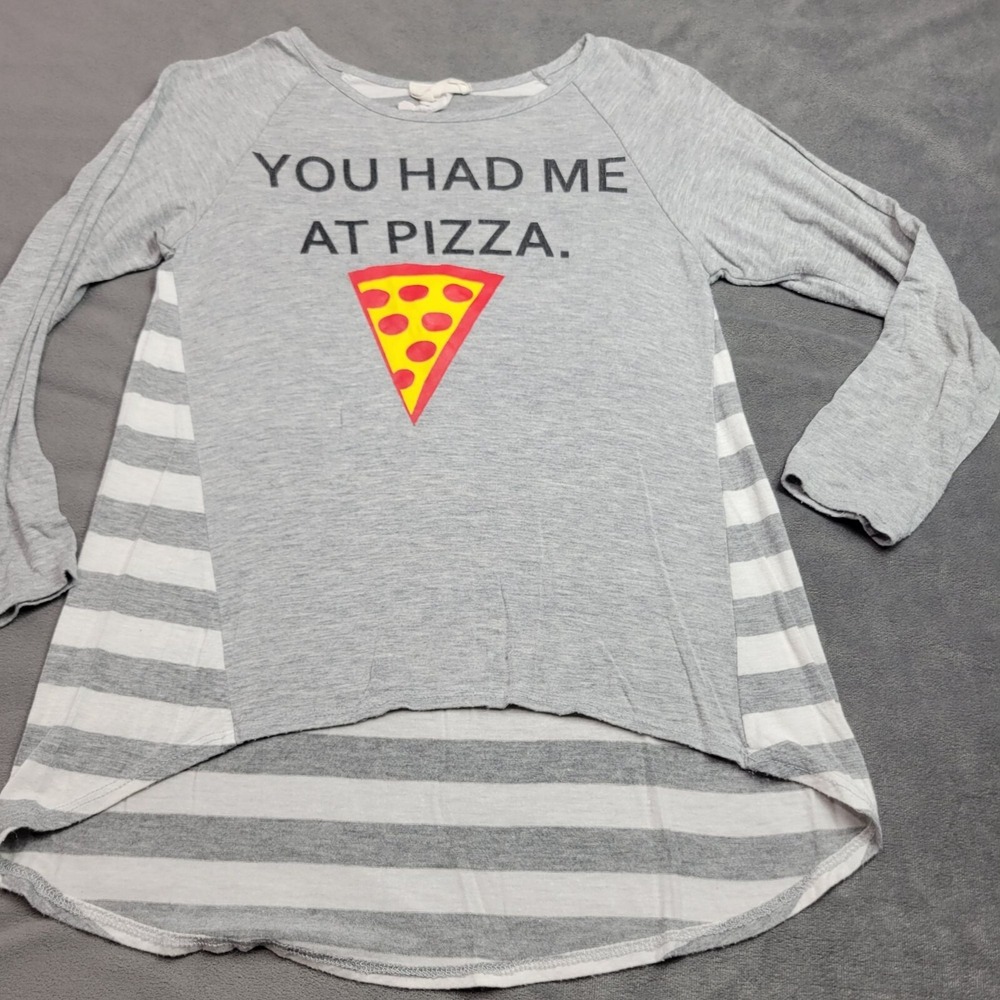 You Had Me At Pizza" Womens Gray Long Sleeve Top With Striped Sides By Tweed Sce